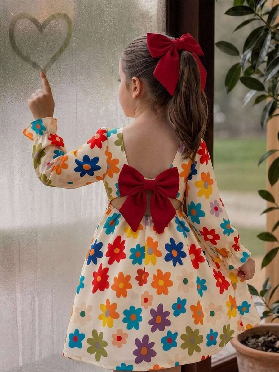SHEIN Young Girl Square Neck Petal Sleeve Printed Dress With Back Bow Decor - Red - View 1