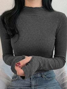 DAZY 女款高領修身長袖T恤，適合日常穿著 - 灰色 - 查看 1