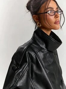 SHEIN BAE 女款純色PU皮革休閒百搭日常長袖夾克 - 黑色 - 查看 7
