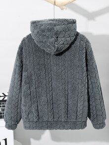 SHEIN 青少年男孩休閒灰色毛絨拉鍊連帽外套，小麥紋理設計，適合秋冬保暖穿著上學 - 灰色 - 查看 2