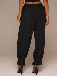 MUSERA ESSENTIALS Black Jersey Lace Trim Hareem Pants Autumn Fall Winter Cute Daily Girly Everyday - Black - View 4