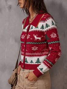 Louniche 秋冬新款優雅紅色三色提花聖誕造型假開襟長袖修身女款時尚針織套頭毛衣 - 紅色 - 查看 7