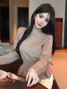 Joudiya Autumn/Winter High Neck Ruffle Hem Waist-Cinching Long Sleeve Knit Slim Fit Elegant Elegant Commute Date Women's Sweater - Camel - View 6