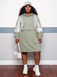 Slaydiva Plus Size Satin Floral Patchwork Hooded Anorak Jacket, Loose Plus Size Outer Coat Fall - Green - View 5