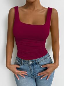 SHEIN PETITE 酒紅色基本款方領寬肩帶背心，適合日常通勤、音樂節、約會之夜、海灘度假、返校季、休閒購物、酒吧聚會、休閒運動風、居家慵懶穿搭 - 酒紅色 - 查看 4