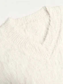 SHEIN 女款秋冬極簡白色V領長袖毛絨針織套頭衫，寬鬆休閒百搭，適合日常通勤、約會、旅行 - 白色 - 查看 8