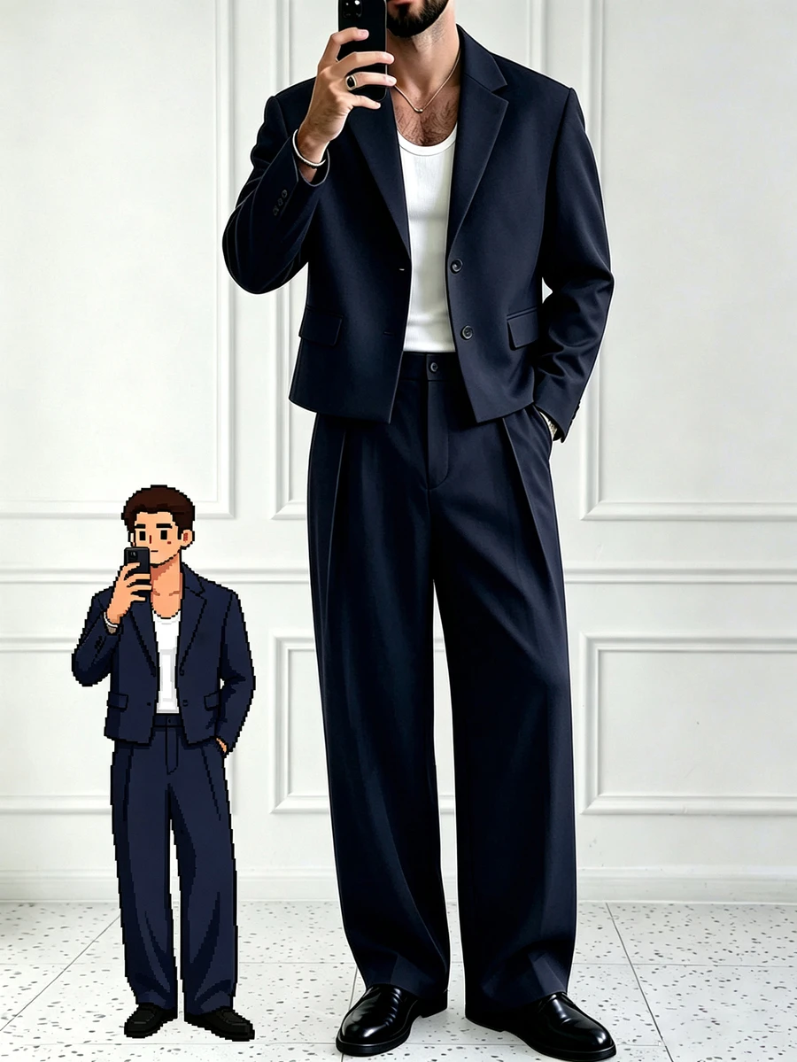 HUEFORM Men's Solid Color Single-Breasted Long Sleeve Jacket And Pants Casual Suit Set - Navy Blue - View 1