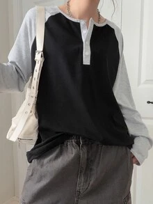 FRIFUL Women's Colorblock Round Neck Button Loose Long Sleeve T-Shirt Everyday School Black Autumn Casual - Grey - View 3