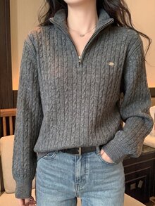 DAZY 女款麻花編織長袖半拉鍊休閒毛衣 - 灰色 - 查看 7