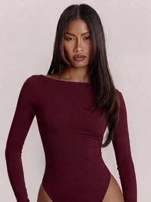 SHEIN BAE 秋冬性感露背長袖連身衣，萬聖節派對夜店時尚外出穿搭 - 紫紅色 - 查看 3