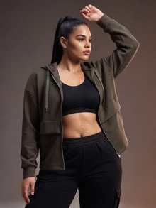 Powerista Women's Plus Size Deep Army Green Loose Drawstring Sports Alternative Baggy Jacket Fall Workout Active Pickleball - Army Green - View 2