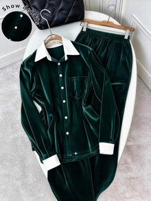GlowEve CURVE Plus Size Contrast White Collar Fuzzy Two Pieces Outfit, Button Front Long Sleeve Shirt Top And Wide Leg Pants Set - Green - View 1