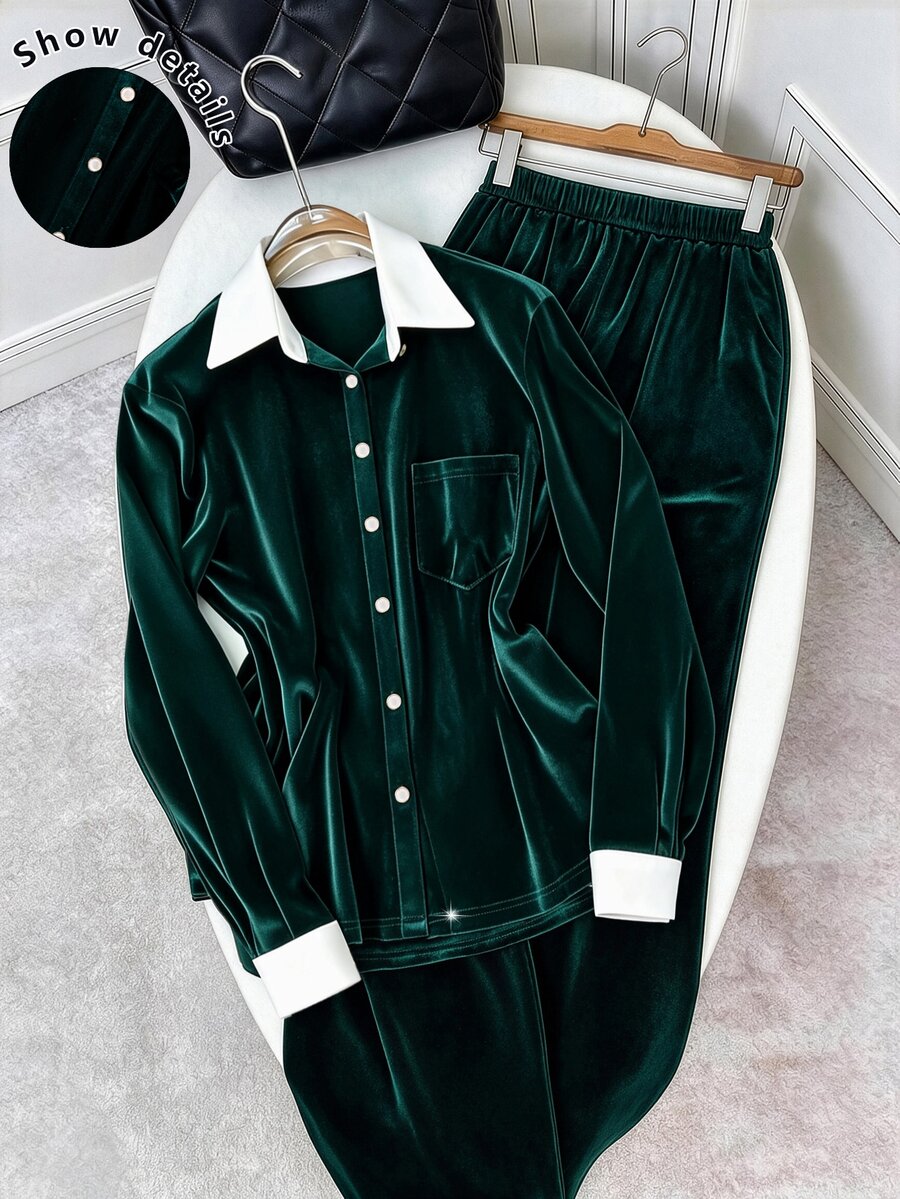 GlowEve CURVE Plus Size Contrast White Collar Fuzzy Two Pieces Outfit, Button Front Long Sleeve Shirt Top And Wide Leg Pants Set - Green - View 1