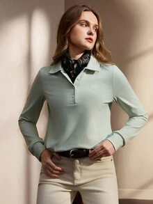 Nima Coro Women's Fashion Half-Open Knit Polo Shirt, Autumn/Winter - Lime Green - View 8