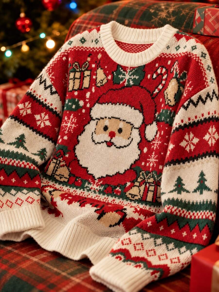 SHEIN Women's Autumn/Winter Casual Christmas Pattern Crew Neck Long Sleeve Knit Pullover Sweater - Multicolor - View 1
