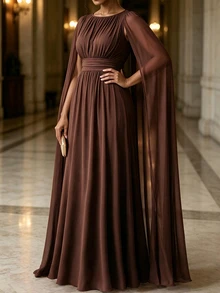Velvienne Plus Size Women's Elegant Formal Cocktail Cape Sleeve Maxi Dress,Pleated Round Neck Evening Gown For Wedding Dinner Guest Brown Summer - Brown - View 3