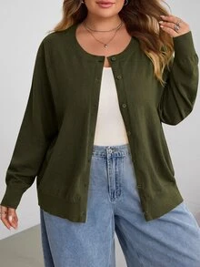 SHEIN CURVE+ 大尺碼休閒純色圓領長袖寬鬆女款上衣 - 軍綠色 - 查看 8