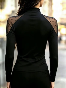 SHEIN ملابس علوية نسائية بطبقة أساسية برقبة شبه عالية وتصميم منقط من الشبك مع رقعات، تصميم خريف نيش بمواد متباينة، قصة ضيقة أنيقة بأكمام راجلان طويلة - الأسود - مشاهدة 2