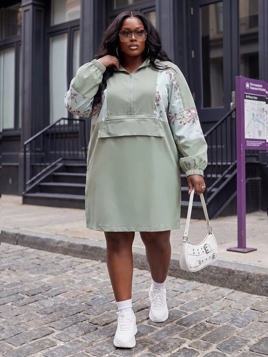 Slaydiva Plus Size Satin Floral Patchwork Hooded Anorak Jacket, Loose Plus Size Outer Coat Fall - Green - View 1