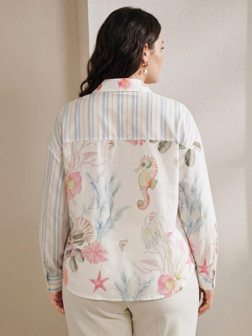Women's Plus Size Long Sleeve Pretty Blouse, Printed Shirt For Outings And Vacation Wear