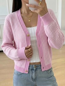 SHEIN 青少年女孩秋冬休閒優雅復古學院風粉色與白色格紋提花針織開襟外套，年輕時尚穿搭，適合搭配襯衫與洋裝，完美適用於返校季、秋冬出遊與日常穿著 - 粉色 - 查看 2