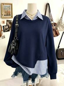 Selianne Sweatshirt Kerah Bergaris Linen 2 in 1 Desain Serbaguna Kasual Musim Gugur Awal Terbaru untuk Wanita, Cocok untuk Pakaian Sehari-hari dan Liburan. - Navy Blue - View 6