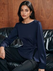 Anewsta Atasan Wanita Lengan Panjang Elegan Serbaguna dengan Desain Kerah Perahu Warna Polos Terbaru untuk Awal Musim Gugur, Belahan Pinggang, dan Detail Kerutan - Navy Blue - View 3