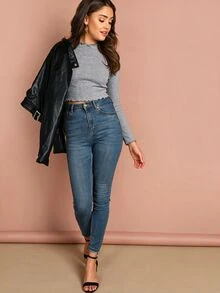 SHEIN BASICS Women's Solid Color Fitted Versatile Long Sleeve T-Shirt For Daily Wear - Grey - View 5