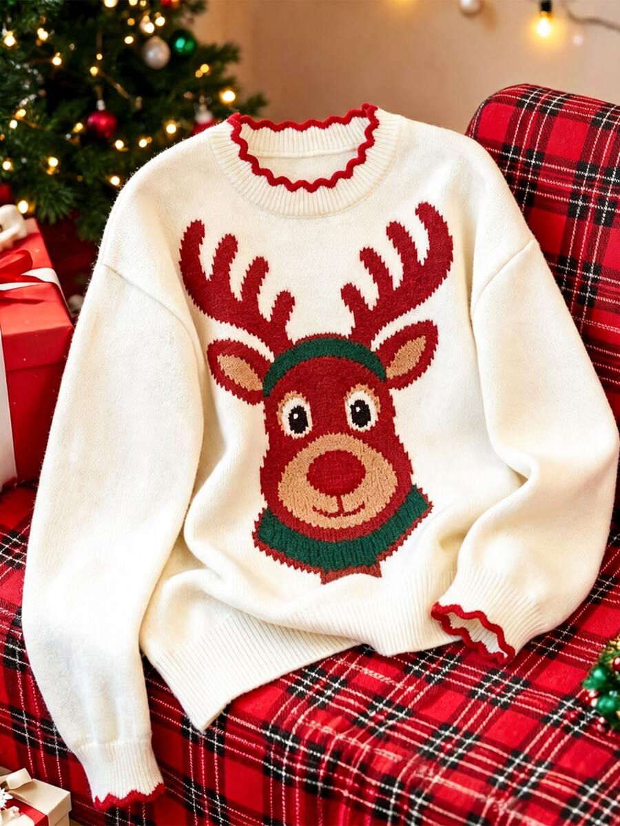 SHEIN Franclia Ladies White Cute Elk Pattern Long Sleeve Casual Xmas Pullover Jumper - Apricot - View 1