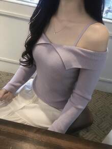 DAZY Solid Color Fitted Square Neck Long Sleeve Elegant Vacation Korean Style Autumn/Winter Knit Sweater For Women - Purple - View 11