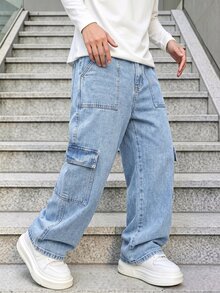 SHEIN 青少年男孩牛仔長褲，夏季，柔軟，棉質，時尚，百搭，寬鬆舒適，極簡風，彈性腰頭，大貨口袋設計，寬鬆直筒版型，黑灰色水洗牛仔長褲，適合日常外出與度假 - 淺色水洗藍 - 查看 1