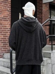 Major Grit 男士連帽套頭衛衣，仿針織設計，印花圖案，極簡 Cleanfit 寬鬆風格，日系低飽和通勤休閒風，適合通勤、校園、戶外，中性情侶穿搭，節日禮物 - 黑色 - 查看 2