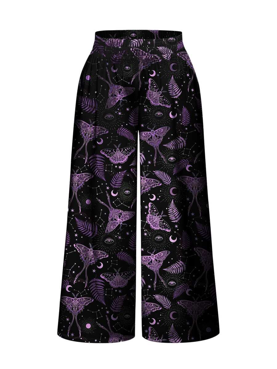 ROMWE Goth 暗黑哥德龐克蝴蝶蛾太陽月亮星星印花大尺碼女款長褲 - 黑色 - 查看 1