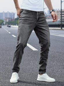 QuarKem 男士休閒直筒牛仔褲，附口袋，水洗做舊百搭款 - 灰色 - 查看 3