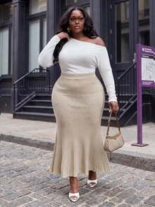 Slaydiva Autumn/Winter Elegant Commute Date Gentle Versatile Ribbed Gradient Mermaid Tail Slim Fit Plus Size Knit Skirt - Khaki - Khaki - View 5