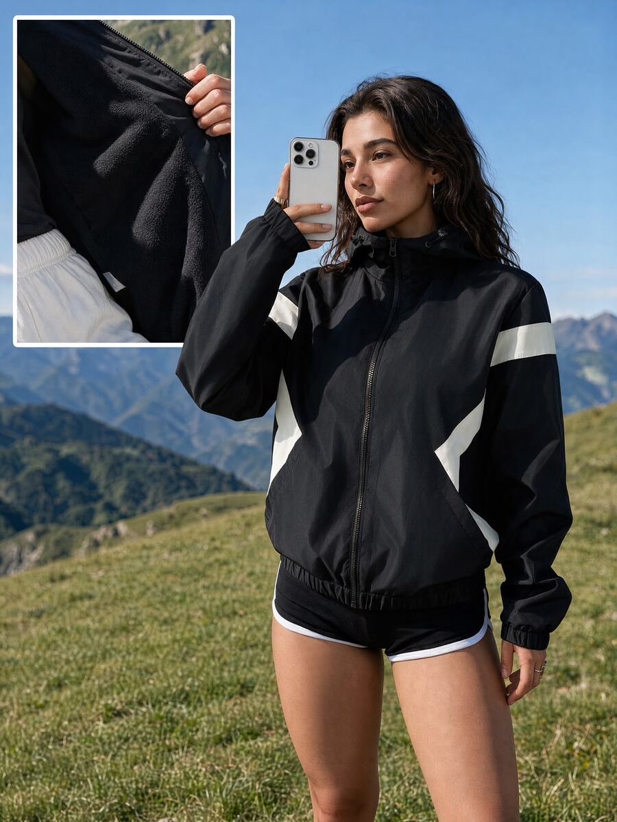 Exploreva Women's Colorblock Long Sleeve Zip-Up Loose Fit Sports Jacket - Black - View 1