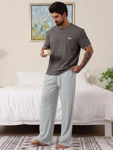 DAZY Summer Solid Color Patchwork T-Shirt & Men's Loungewear Set - Grey - View 5