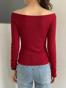 DAZY 女款大圓領修身短袖優雅T恤 灰色 春夏款 - 酒紅色 - 查看 2