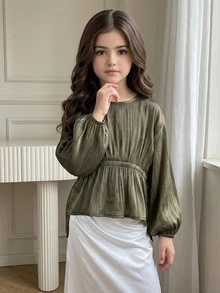 Dazy Kids Tween Girl Fashion Ruched Waist Long Sleeve Blouse - Army Green - View 2