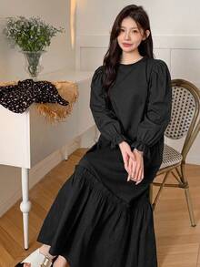 DAZY Women's Solid Color Round Neck Long Sleeve Ruffle Hem Casual Loose Fit Dress - Black - View 4