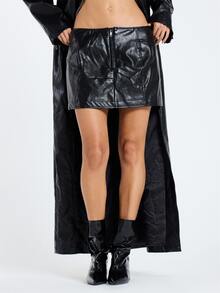 MUSERA Rok Mini Hitam PU Pinggang Rendah untuk Wanita, Pakaian Kasual Musim Gugur dan Musim Dingin - Hitam - View 2