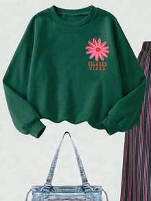 女童休閒時尚復古花卉印花圓領寬鬆衛衣與寬鬆長褲2件套，適合秋冬日常穿著、運動、開學季、旅行、音樂節，美式街頭風，甜酷慵懶時尚，隨性氛圍 - 彩色 - 查看 4