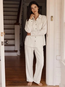 Livesso Women's Solid Color Single-Breasted Long Sleeve Top And Pants Casual Daily Loungewear Set - Beige - View 11