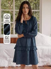 DAZY Women's Solid Color Pleated Casual Daily Home Sleep Dress - Navy Blue - View 3