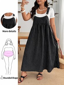 Enliva Plus Size Autumn Striped Loose Fit Pinafore Dress For Office Casual Formal Apple - Black - View 8