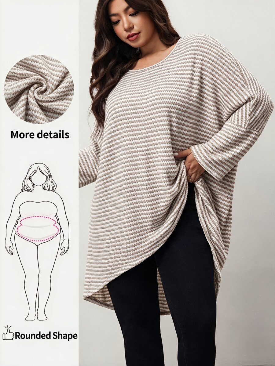 Enliva Plus Size Striped Long Sleeve Tunic Tee With Side Slit Apple - Khaki - View 1