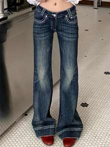 DAZY Women's Dark Blue Washed Distressed Low Waist Contrast Stitch Pocket Slim Fit Flared Denim Jeans - Blue - View 1