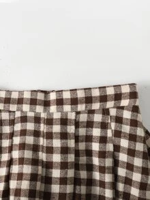 Tween女孩 學院風千鳥格休閒百褶裙 - 卡其色 - 查看 5