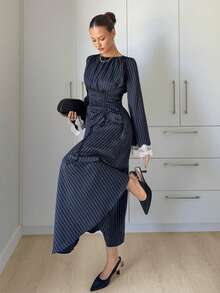 Siren Gaze Women's Striped Round Neck Lace Cuff Waist Drawstring Design Elegant Long Dress - Navy Blue - View 3