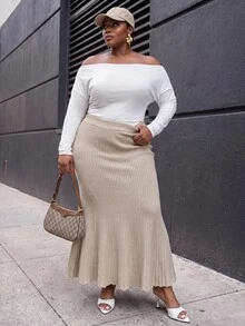 Slaydiva Autumn/Winter Elegant Commute Date Gentle Versatile Ribbed Gradient Mermaid Tail Slim Fit Plus Size Knit Skirt - Khaki - Khaki - View 6